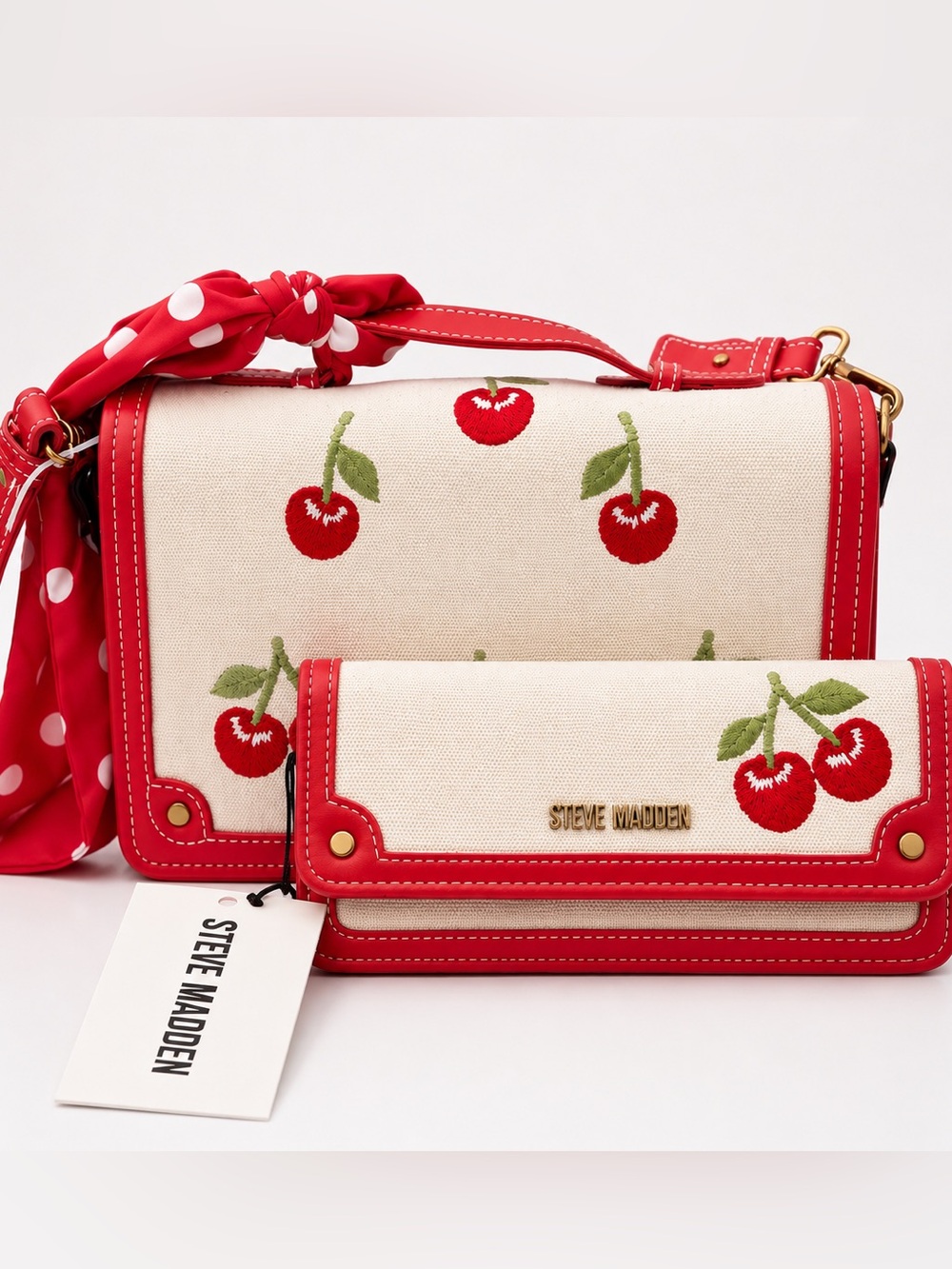 Steve Madden Cherry Crossbody Bag & Wallet Set Red White Canvas Purse NWT